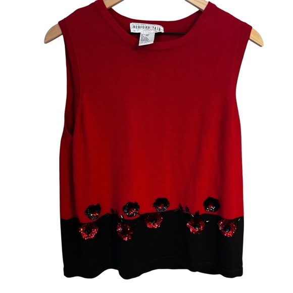 Bedford Fair Two Piece Ramie Sweater Set Women Sz LP Red Black Floral Sequins - Picture 2 of 7